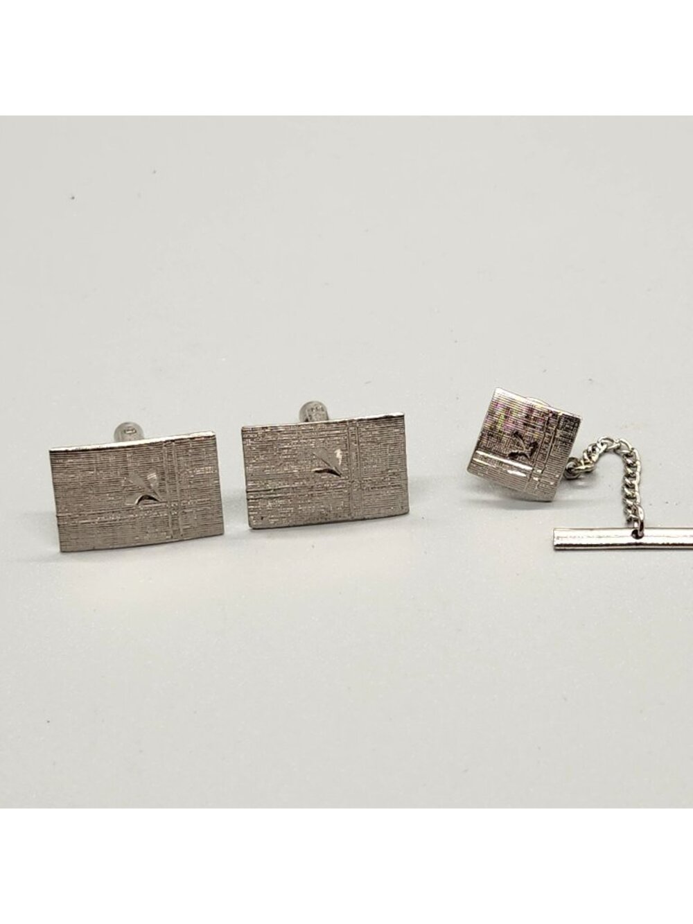 Vintage Sterling Silver Rectangular Cufflinks & Tie Tack Set With Textured Desig